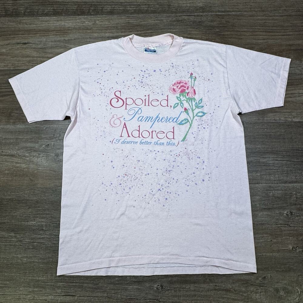 Vintage 80s 90s Hanes T Shirt L Pink Spoiled Pampered Adored Floral USA 50/50